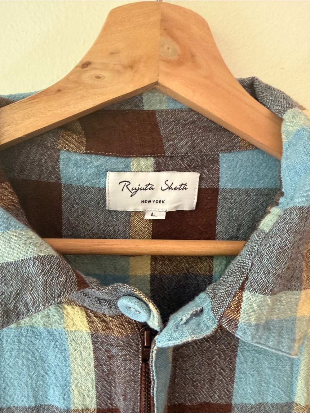 Rujuta Sheth Short-Sleeve Plaid Jumpsuit in Blue and Brown - Picture 2 of 5